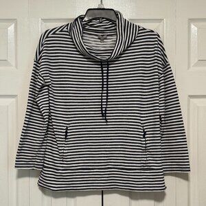 Talbots Navy & White Stripe Lightweight Knit Drawstring Funnel Neck Pullover